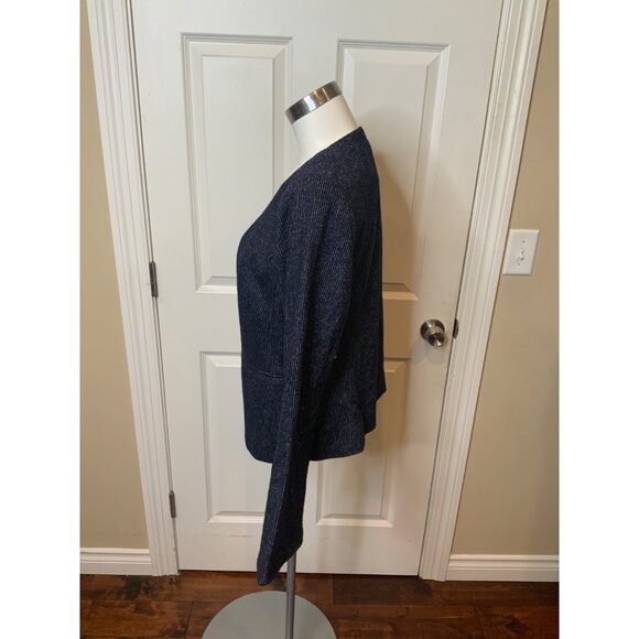 Cartonnier Navy Blue White Pinstripe Wool Blend Jacket W/Trumpet Sleeves Size 14 - Picture 3 of 5